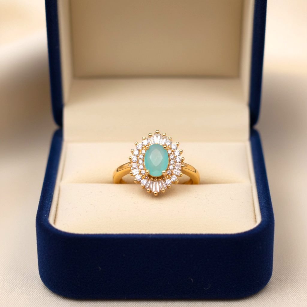 Ring with Green Gem & Halo Crystals