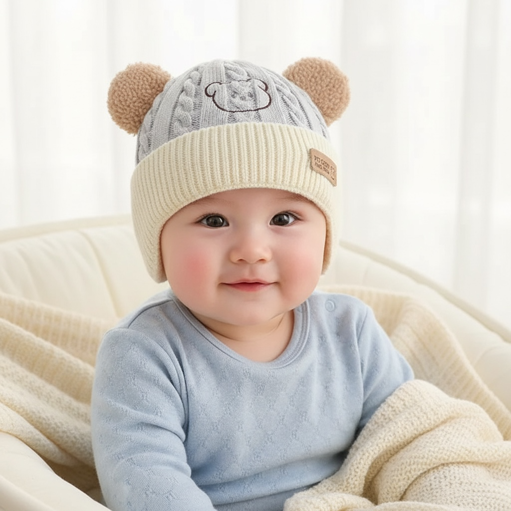 Korean Style Warm Knitted Baby Hat with Bear Ears