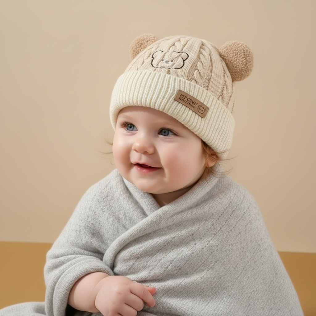Korean Style Warm Knitted Baby Hat with Bear Ears
