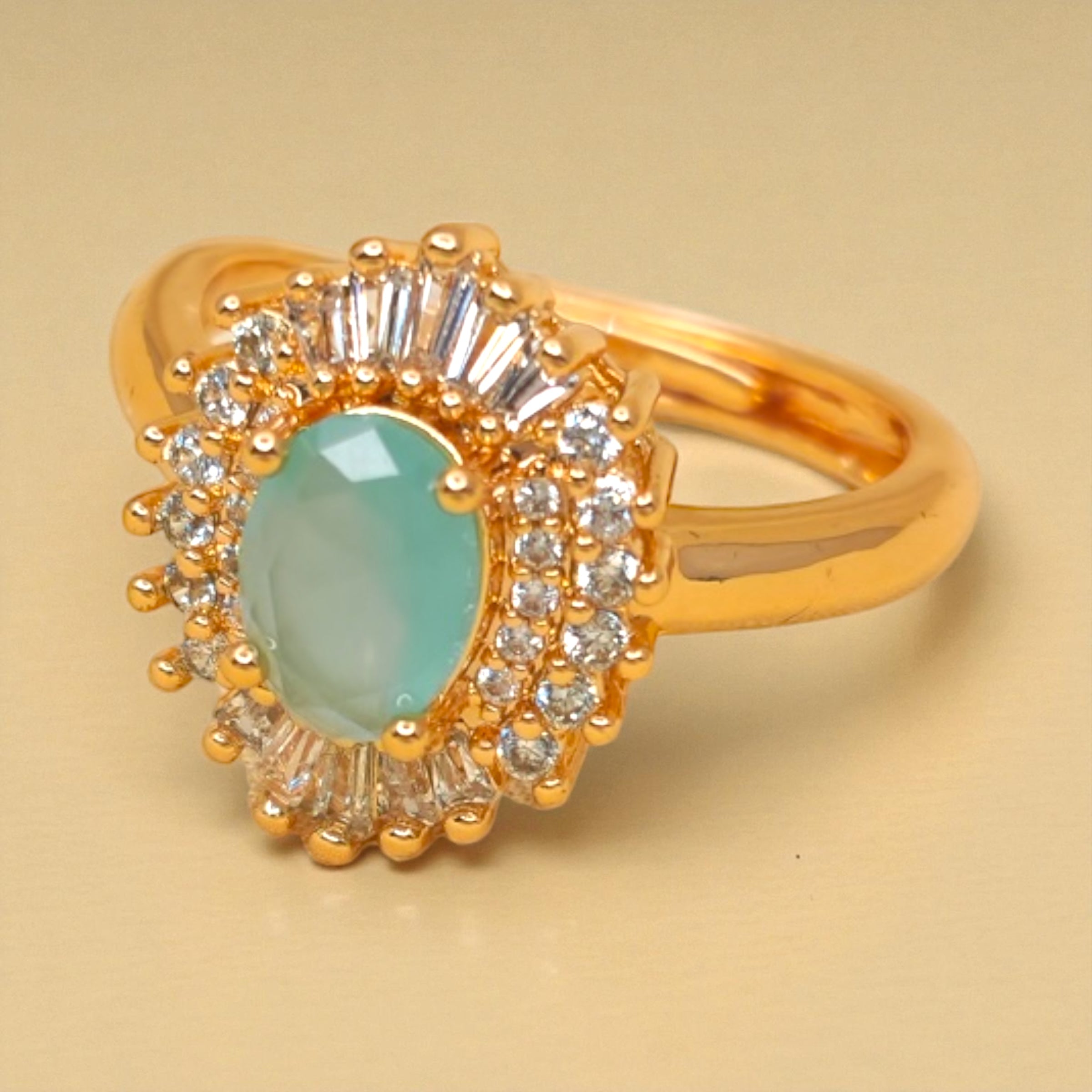 Ring with Green Gem & Halo Crystals