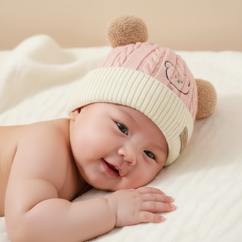 Korean Style Warm Knitted Baby Hat with Bear Ears