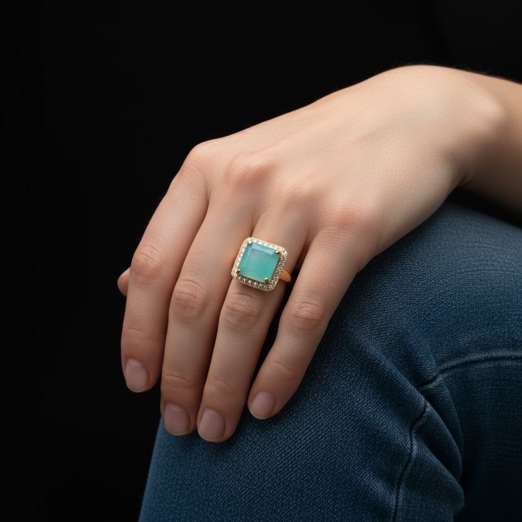 Ring with Central Gem & Crystal Border