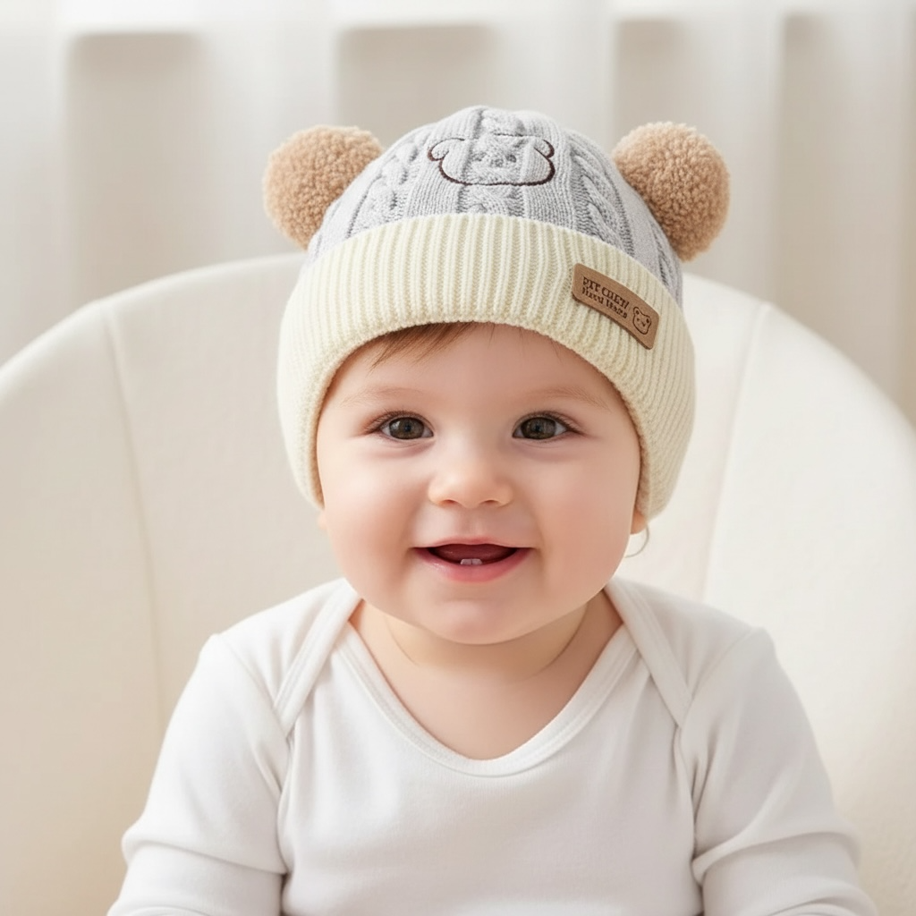 Korean Style Warm Knitted Baby Hat with Bear Ears