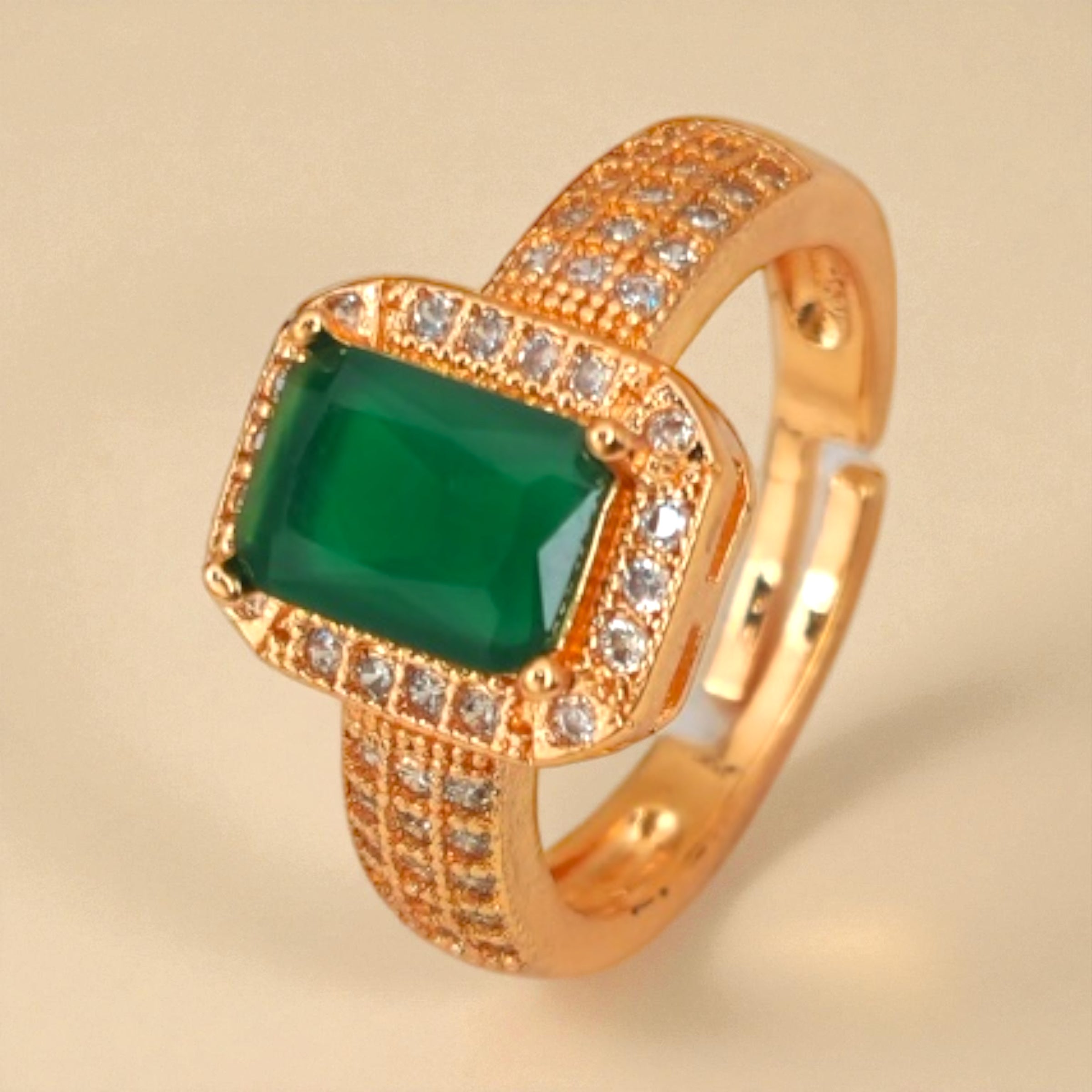 Ring with Emerald-Style Gem & Crystal Halo