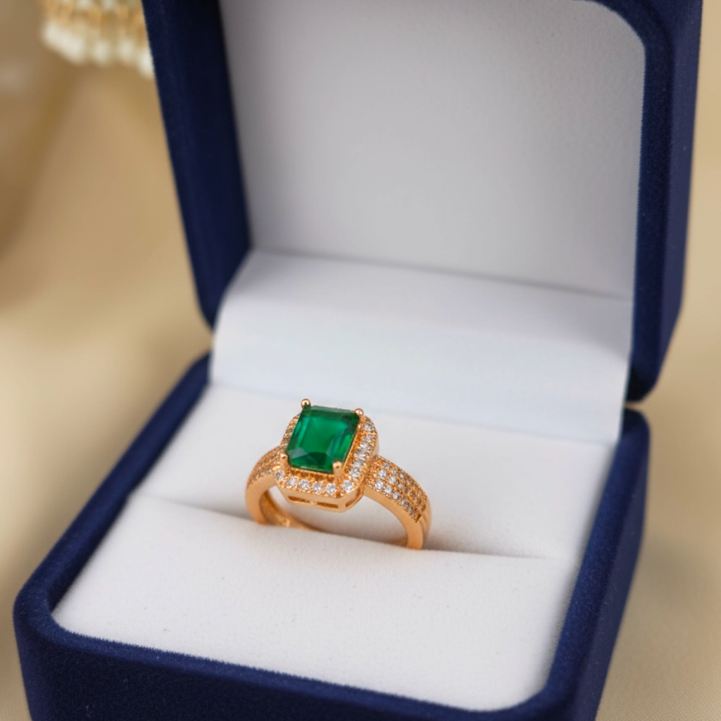 Ring with Emerald-Style Gem & Crystal Halo