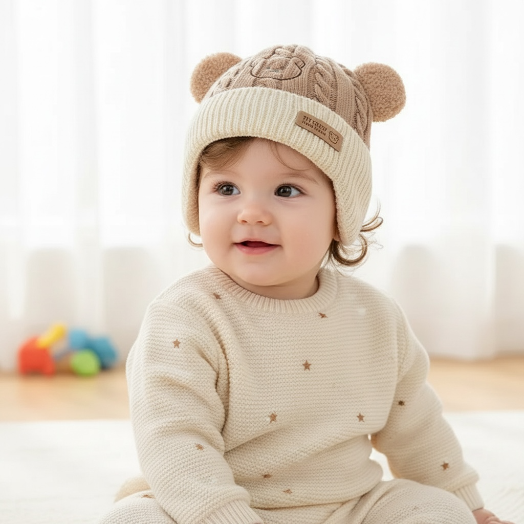 Korean Style Warm Knitted Baby Hat with Bear Ears