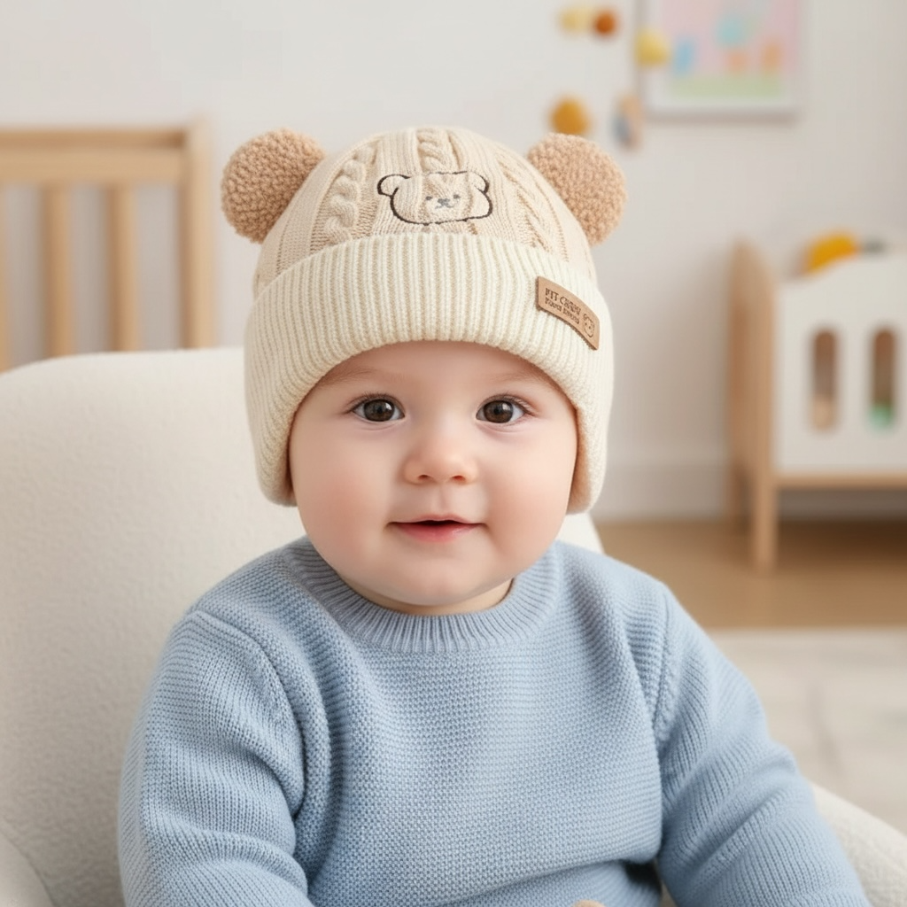 Korean Style Warm Knitted Baby Hat with Bear Ears