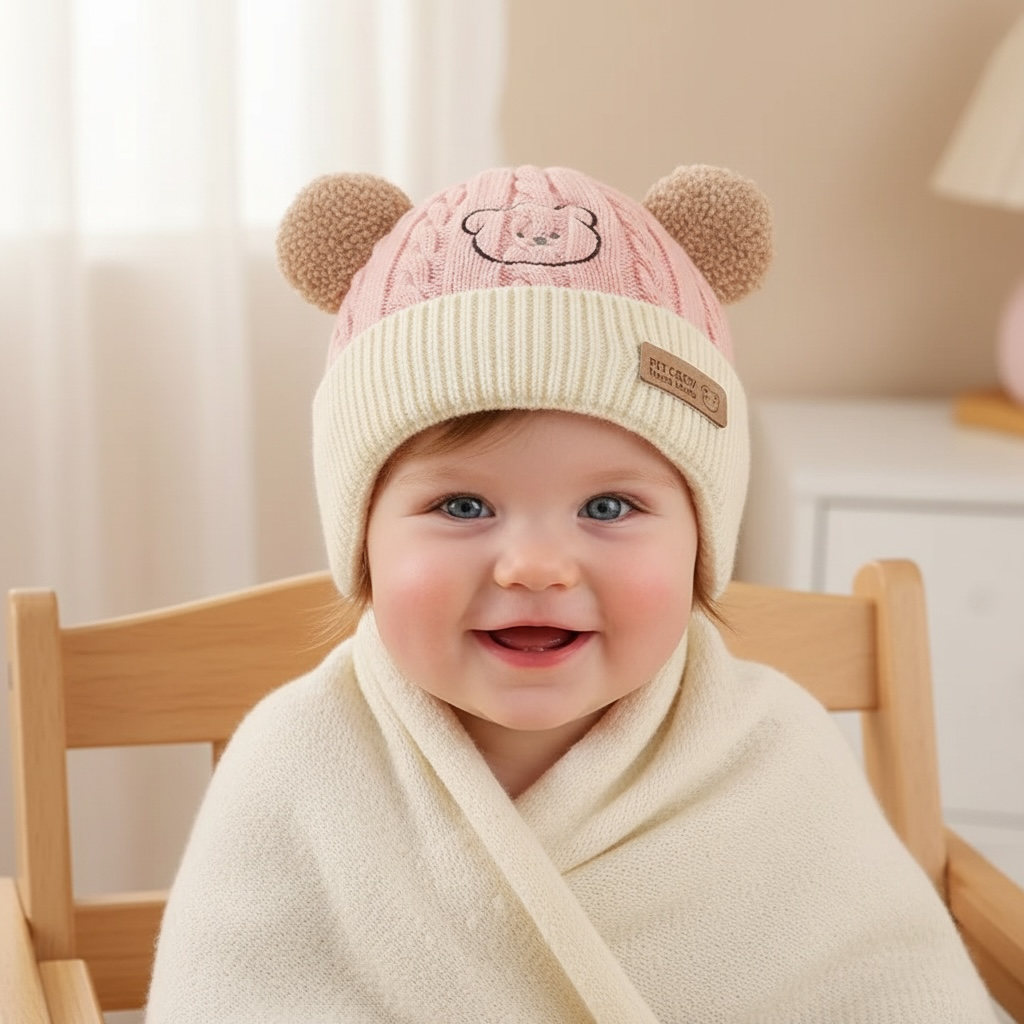 Korean Style Warm Knitted Baby Hat with Bear Ears