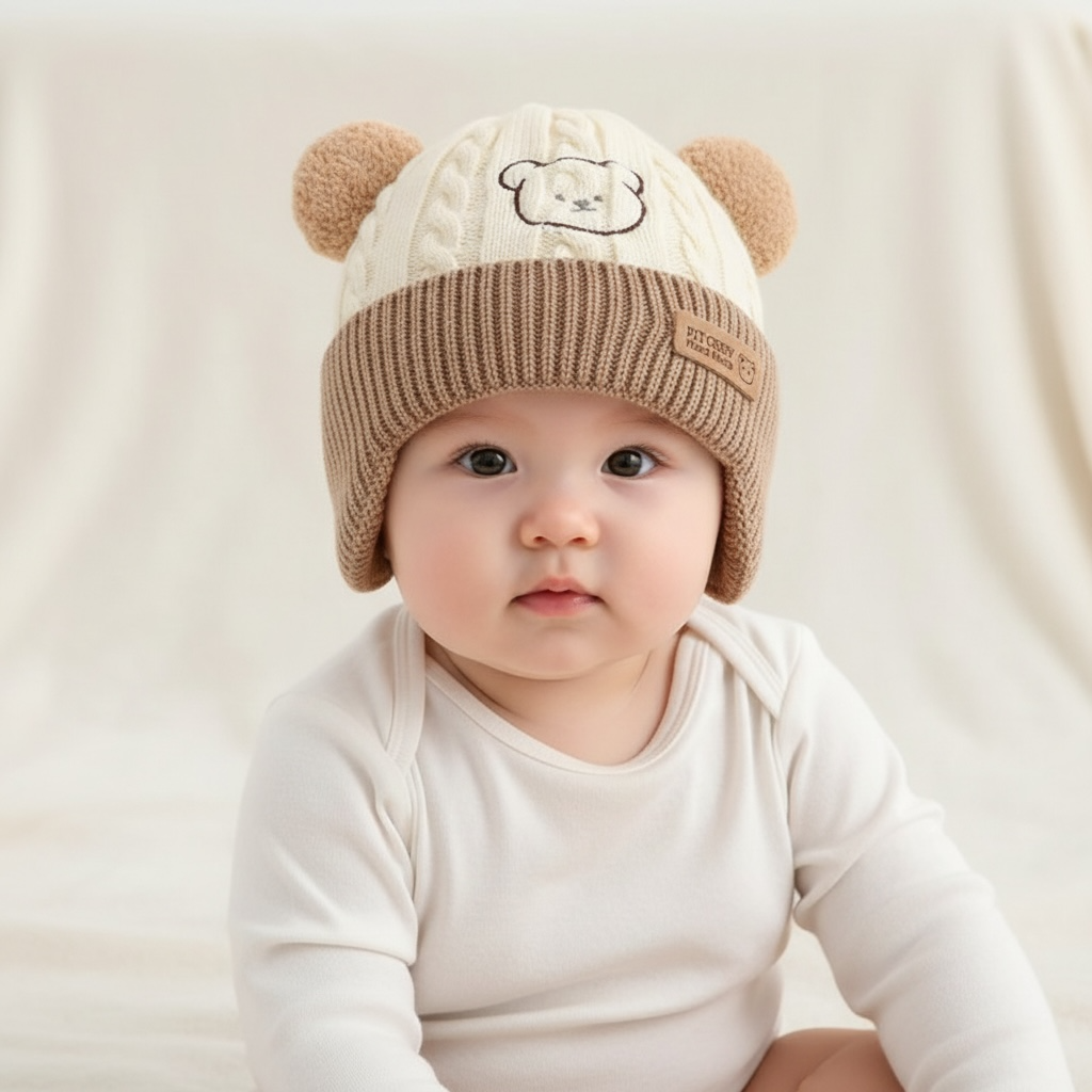 Korean Style Warm Knitted Baby Hat with Bear Ears