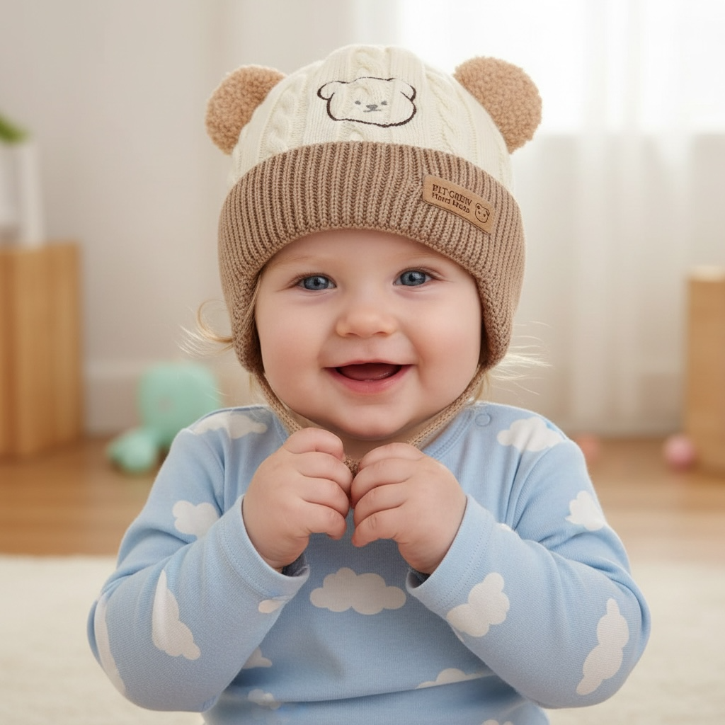 Korean Style Warm Knitted Baby Hat with Bear Ears